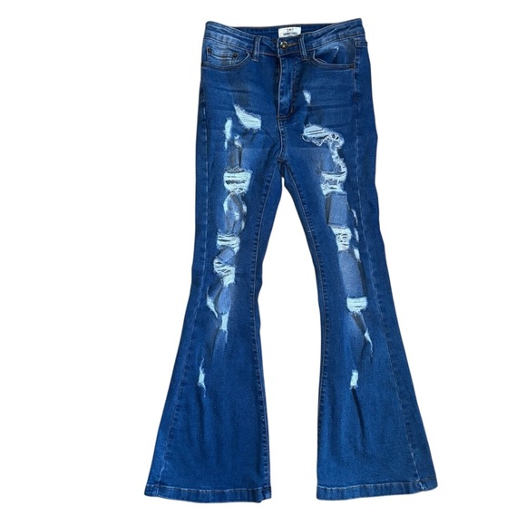 Skinny Fries Blue High Rise Distressed Bell Bottom Jeans Size 7 - Picture 1 of 7